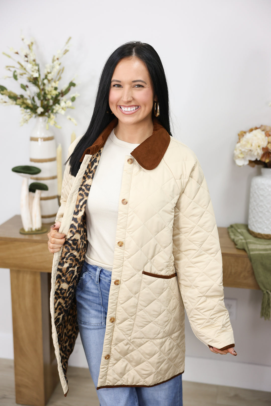 Long Sleeve Button Down Quilted Jacket "Beige"