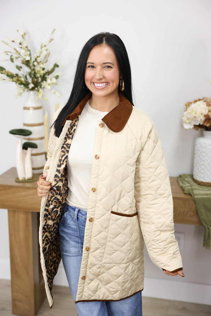 Long Sleeve Button Down Quilted Jacket "Beige"