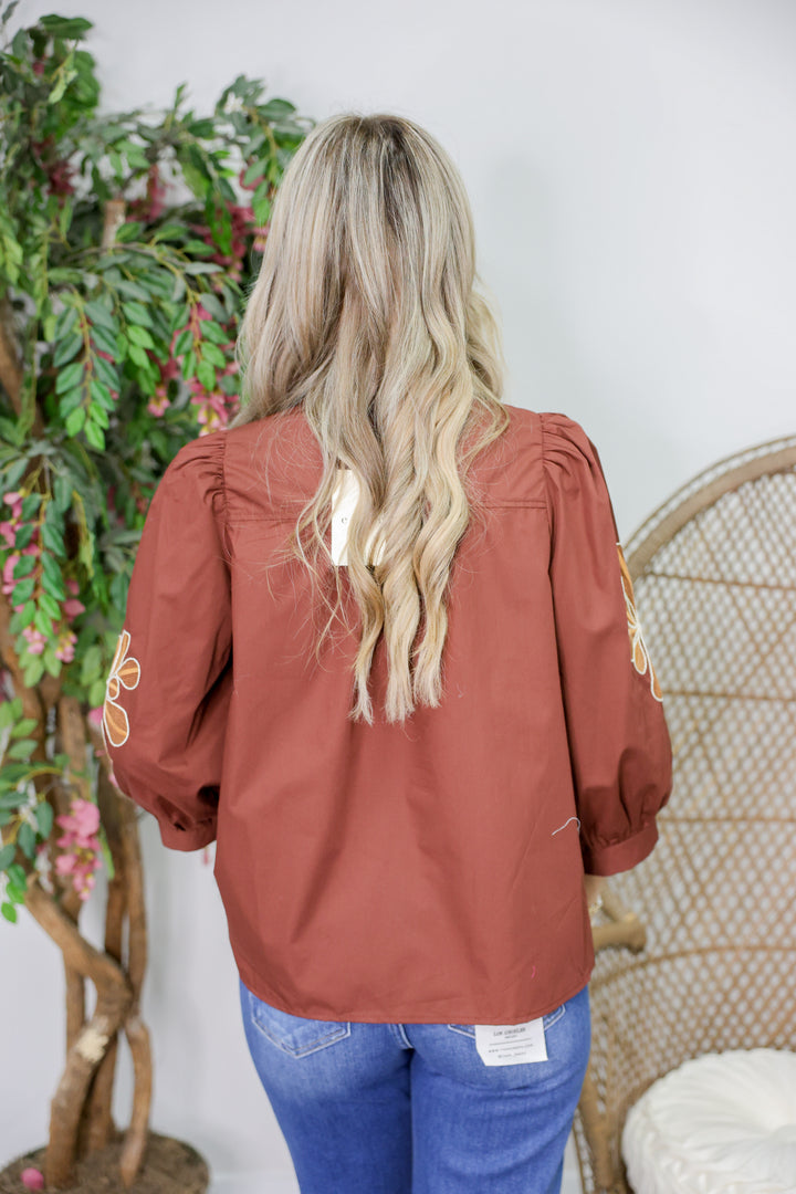 Floral Embroidery 3/4 Puff Sleeve Top "Chocolate"