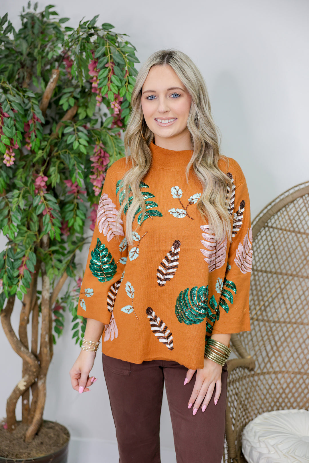 Sequin Embellished Mock Neck Sweater "Tan"
