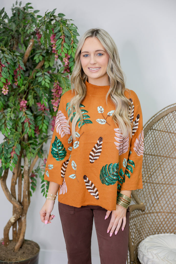 Sequin Embellished Mock Neck Sweater "Tan"