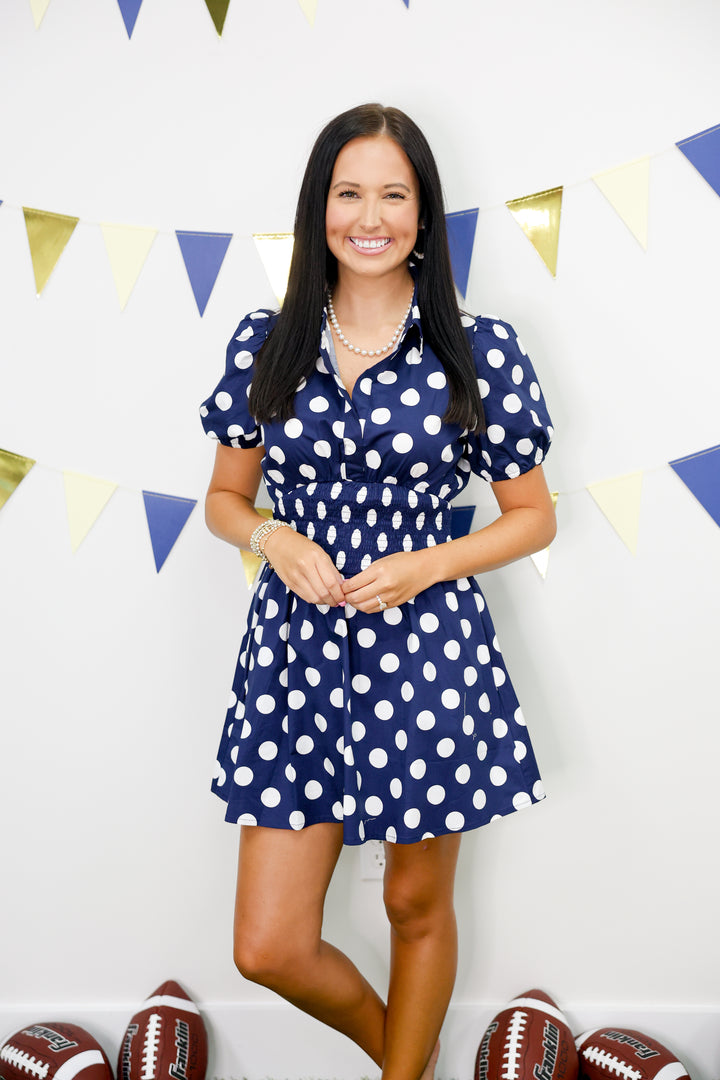 Polka Dot Smocked Waist Mini Dress "Navy"