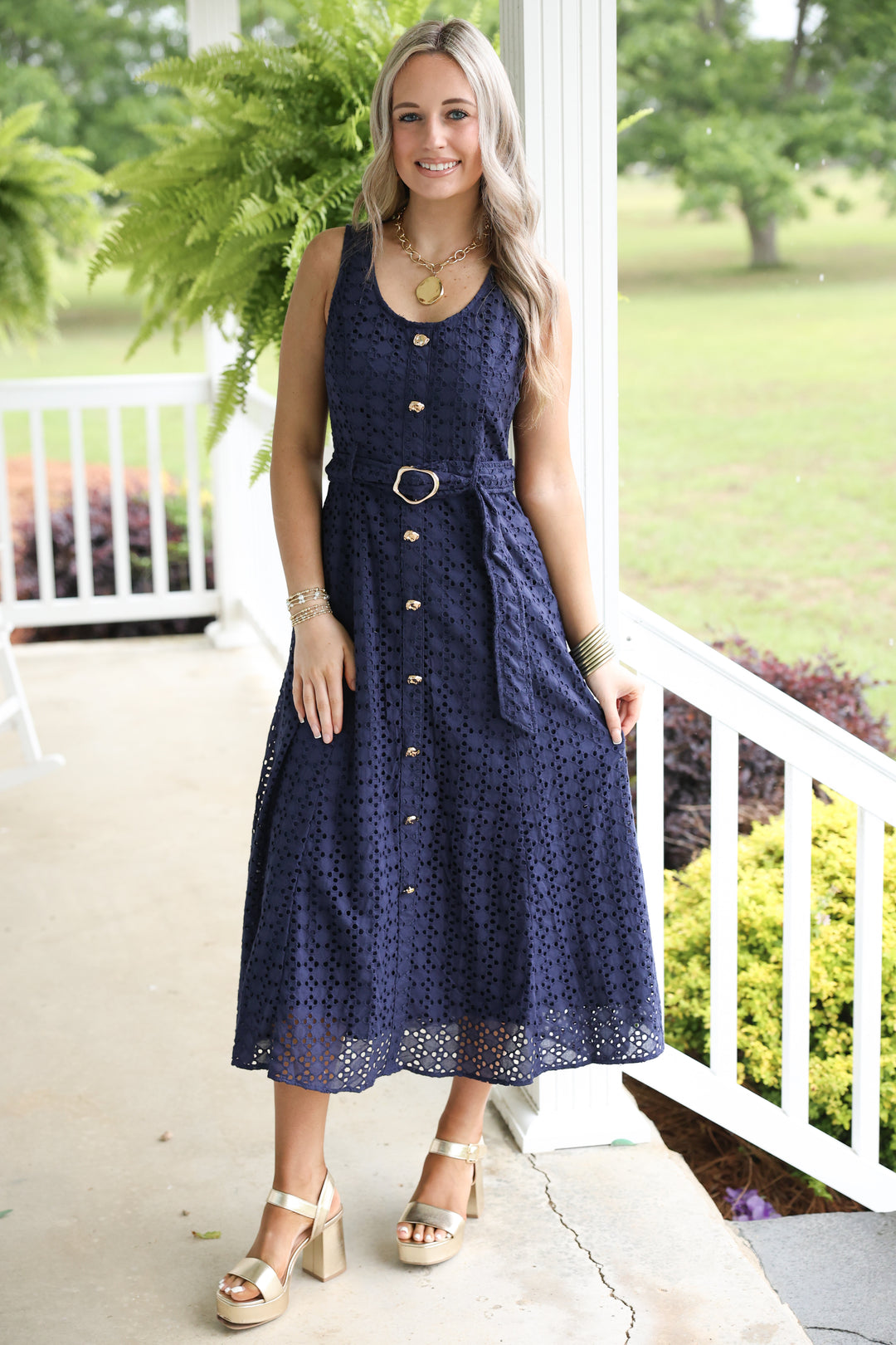 Everlasting Eyelet Sleeveless Midi Dress "Navy"