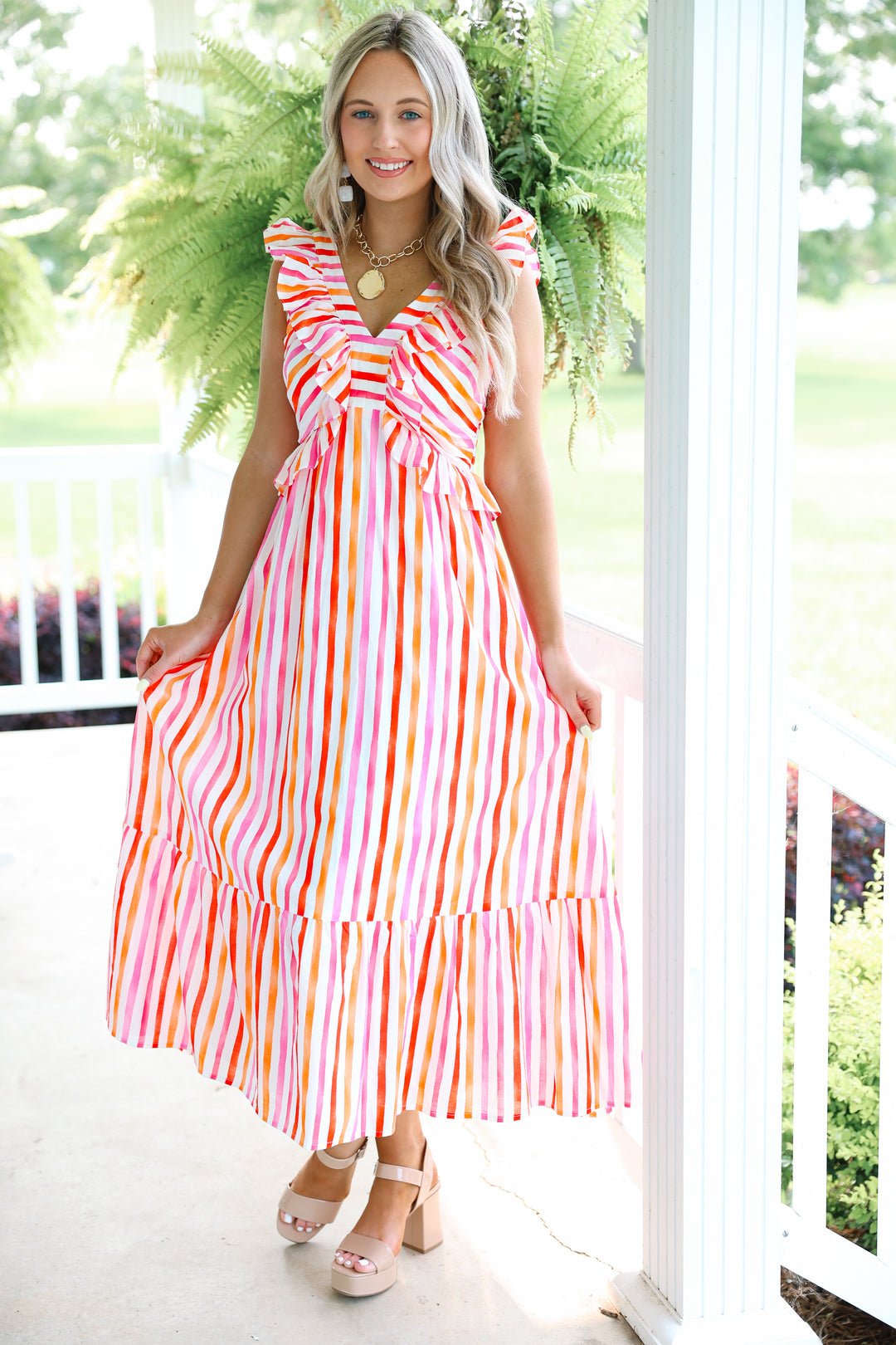 Pretty Poplin V-Neck Dress "Pink/Red"