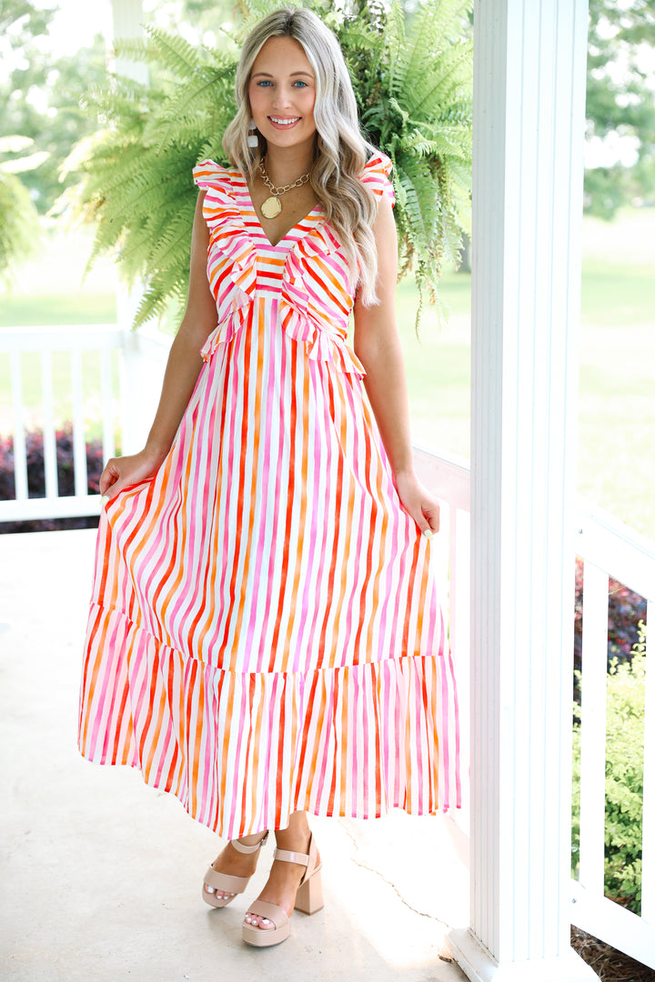 Pretty Poplin V-Neck Dress "Pink/Red"
