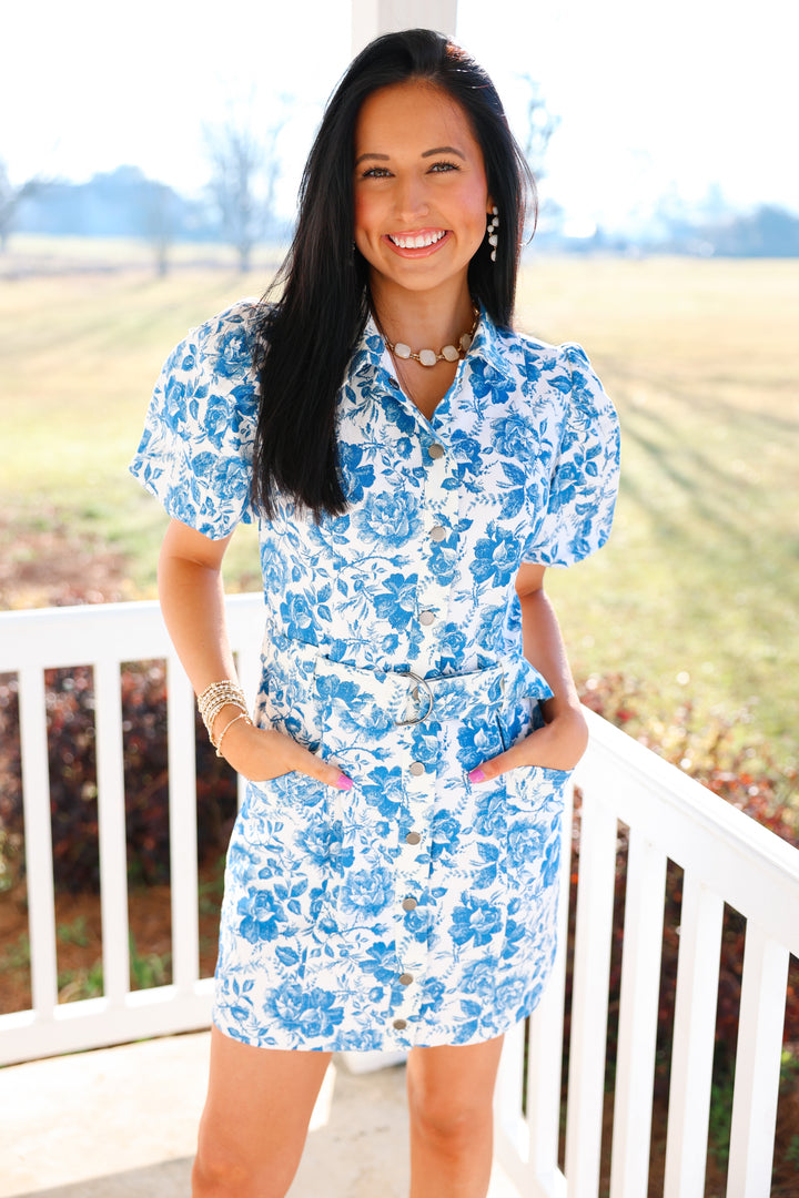 Belted Button Dress "White/Blue"