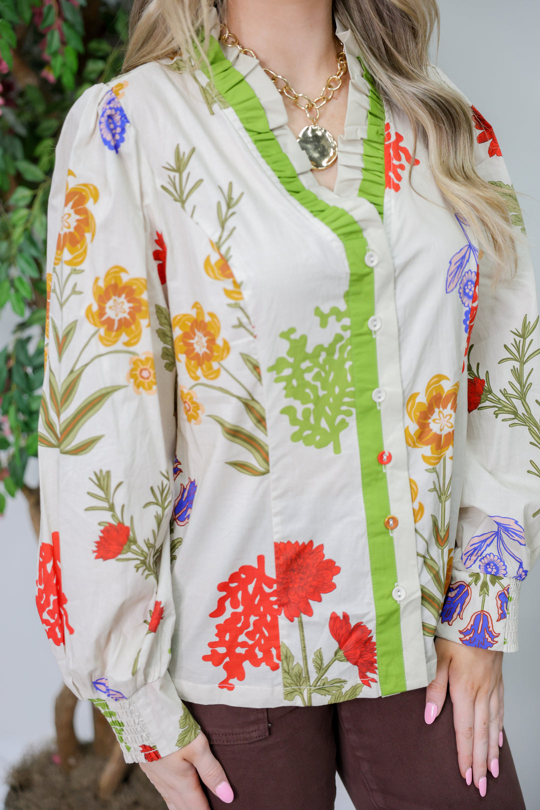 Frenzy Floral Button Down Top "Ecru Mix"