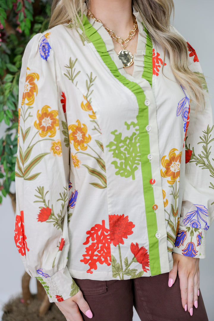 Frenzy Floral Button Down Top "Ecru Mix"