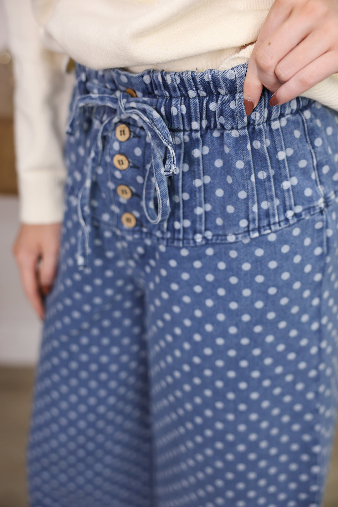 Front Button Up Wide Leg Polka Dot Pants "Denim"