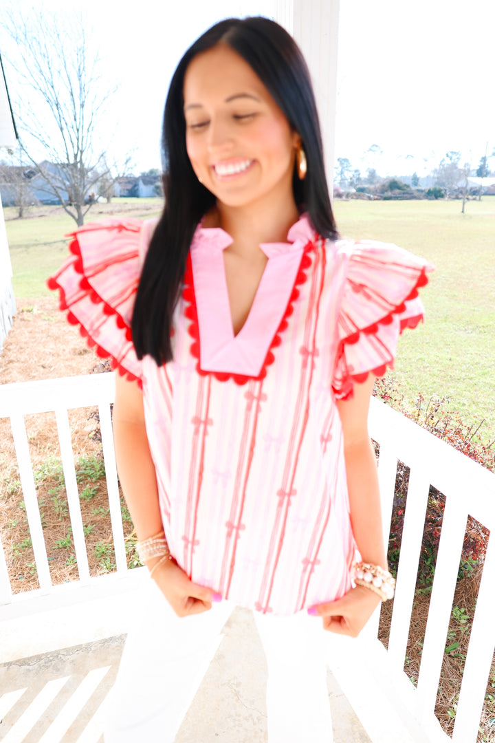 Bowtastic Ruffle Top "Pink/Red"