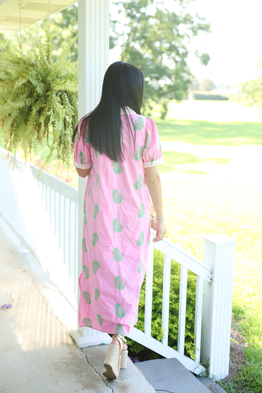 Botanical Embroidery/Stripe Midi Dress