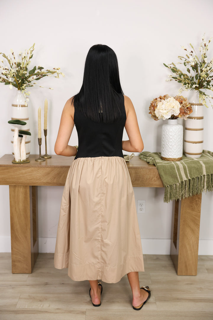 Solid Sleeveless Mock Neck Midi Dress "Black"