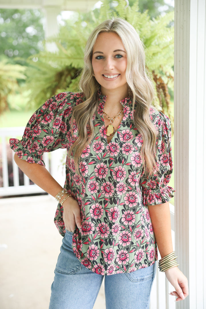 Falling Florals Top "Pink Olive"