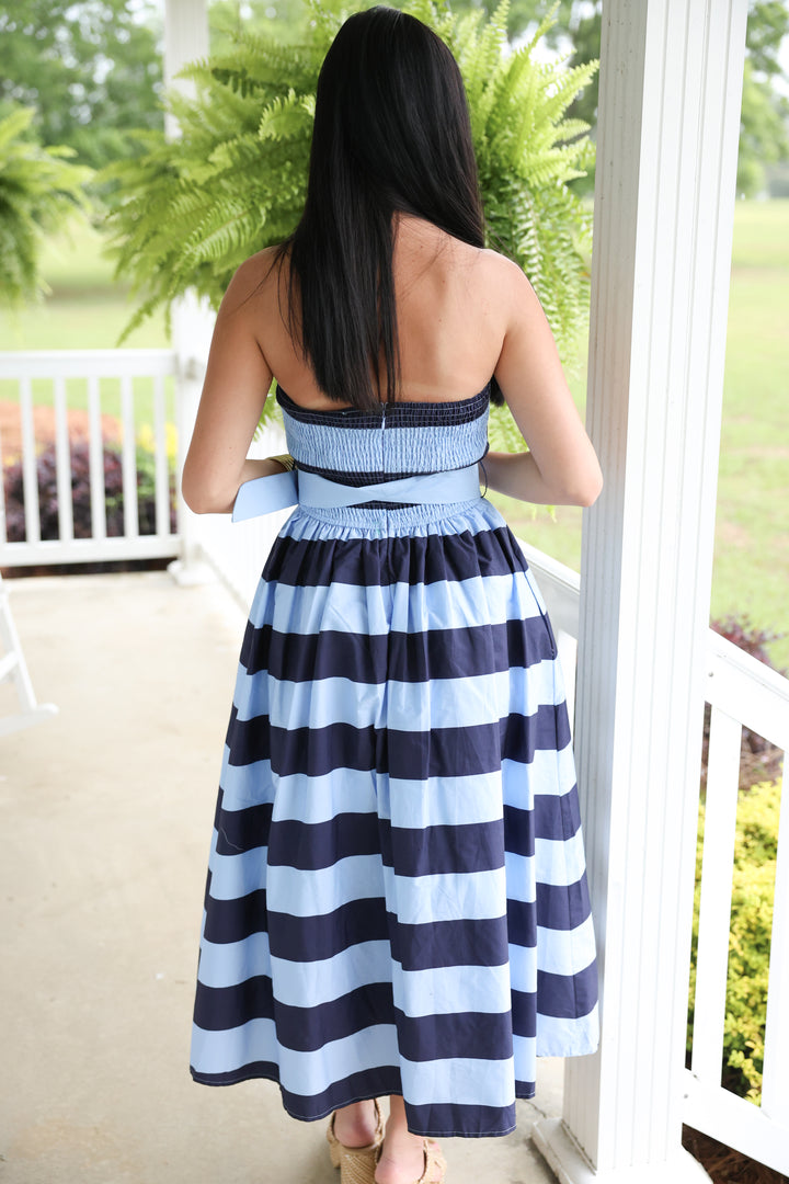 Sunshine Stripes Strapless Midi Dress "Navy"
