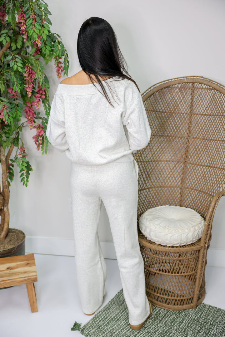 Bow Embroidered Off Shoulder Sweat Set "LT H Grey"
