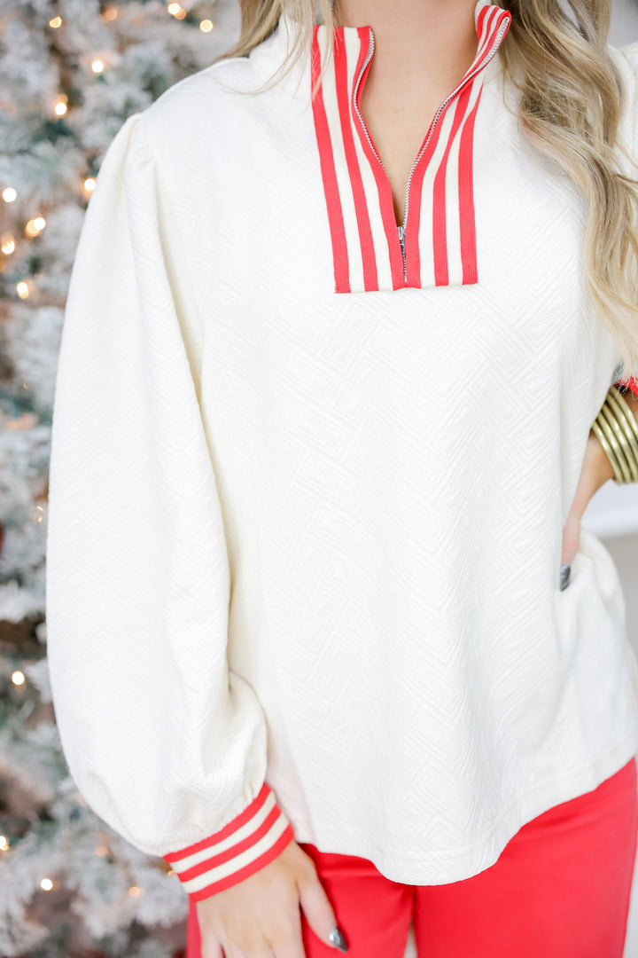 Red Trim Detail Top "Ivory"