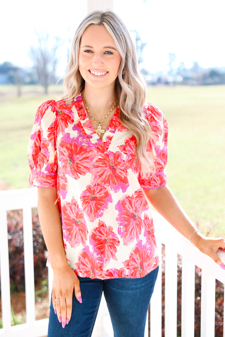 Twirl in Floral Top "Red/Pink"