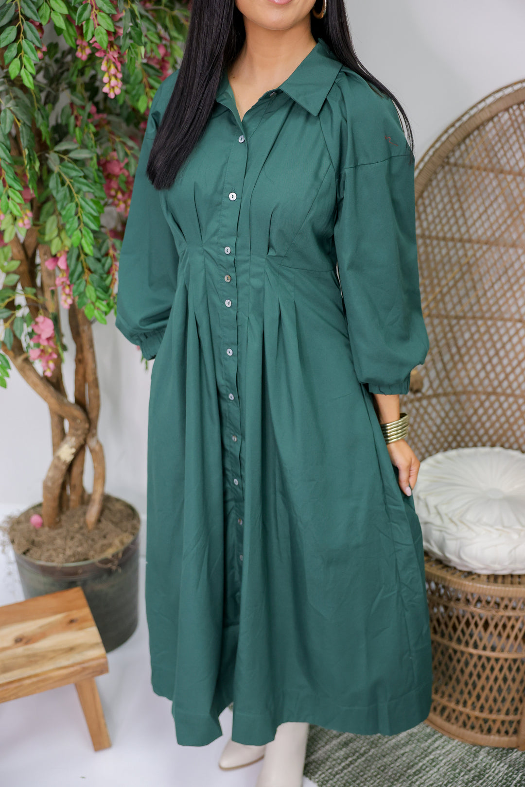 Mary Solid Long Sleeve Midi Dress "H Green"