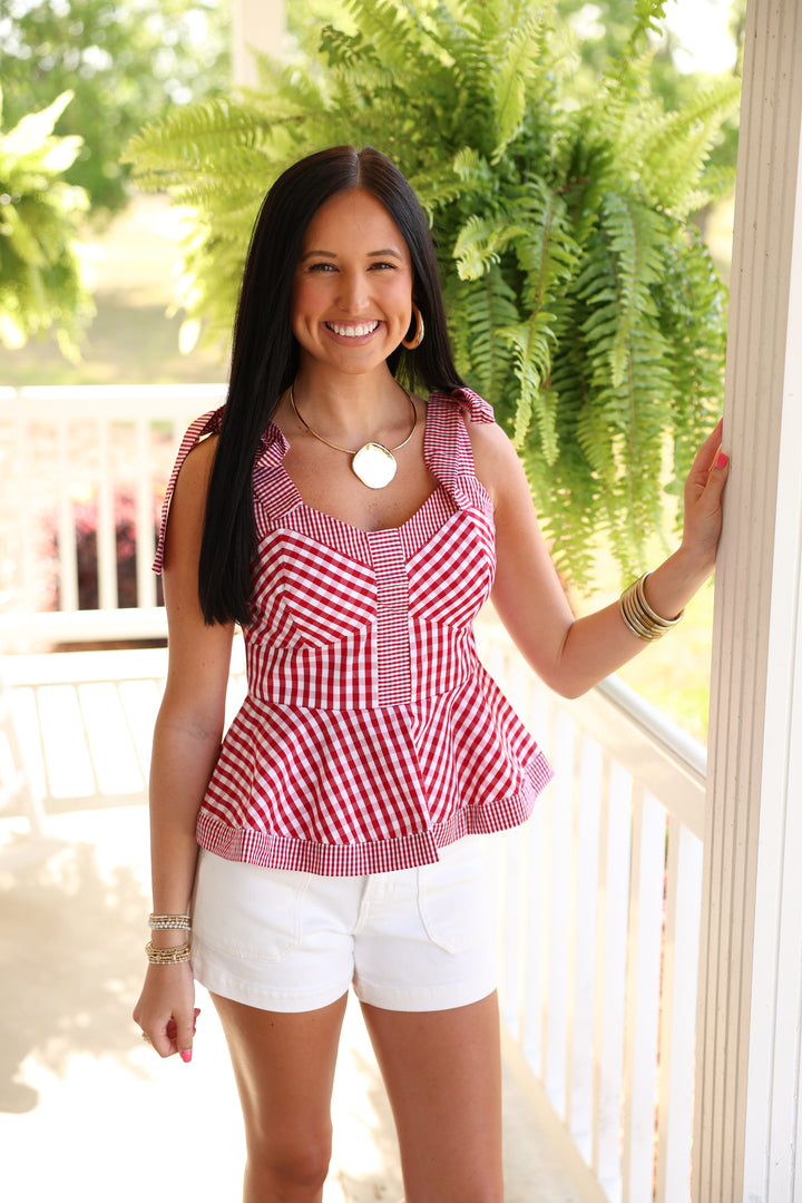 Gingham Sleeveless Peplum Top "Red"