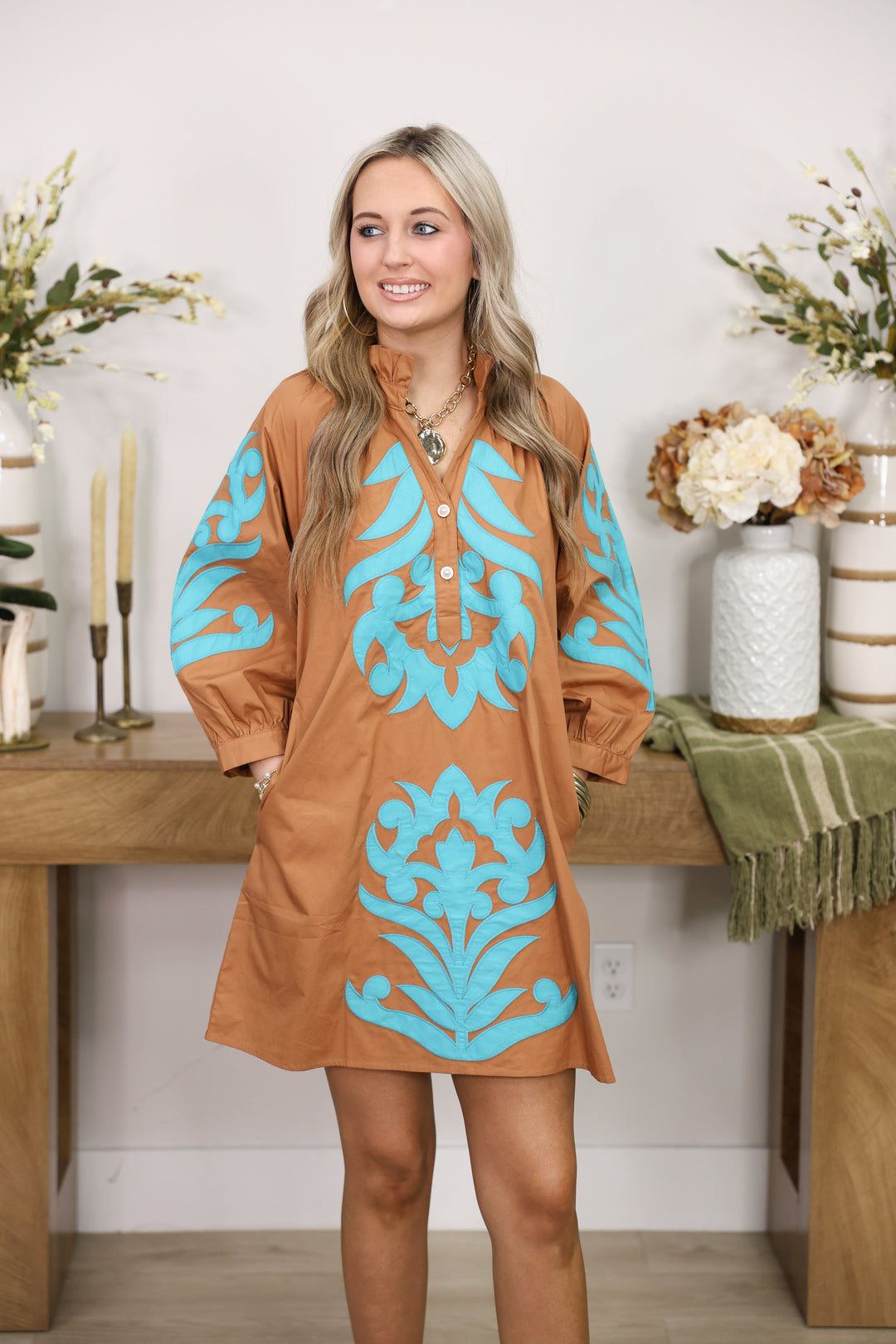 3/4 Sleeve Baroque Applique Detail Shift Dress "Toffee/Turquoise"