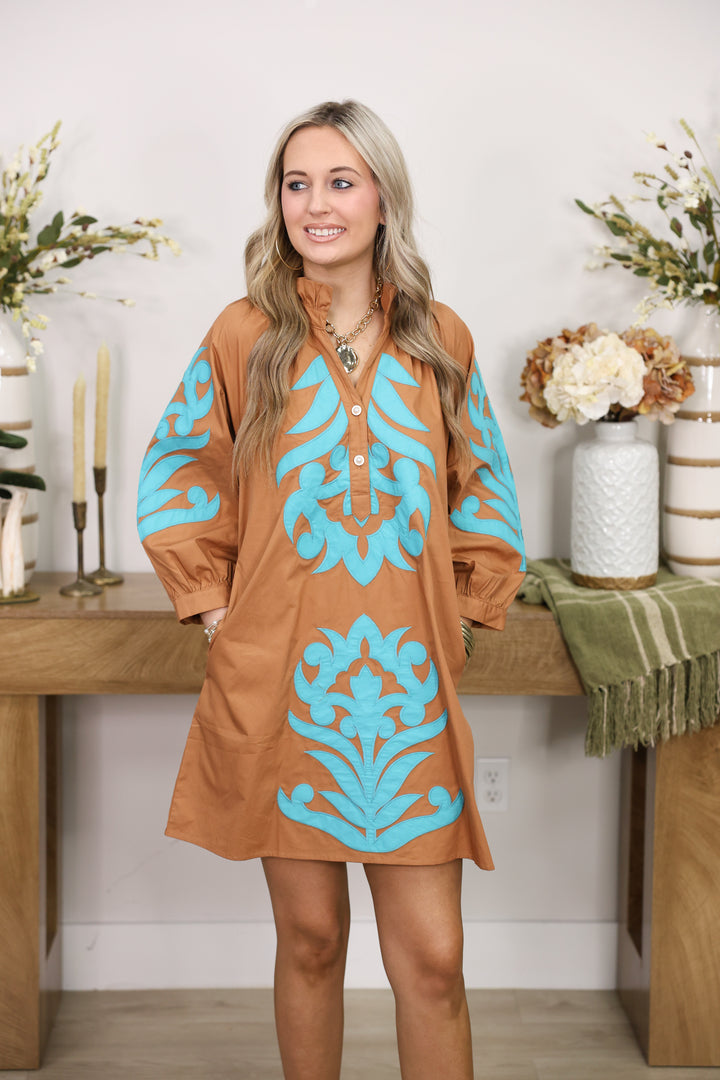 3/4 Sleeve Baroque Applique Detail Shift Dress "Toffee/Turquoise"