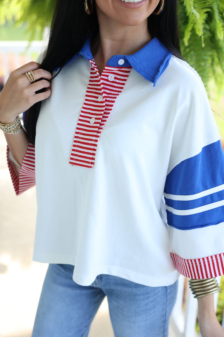 3/4 Sleeves Color Block Polo Top "Off White Mix"