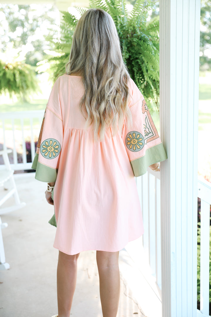 Floral Embroidered V-Neck Mini Dress "Salmon/Sage"