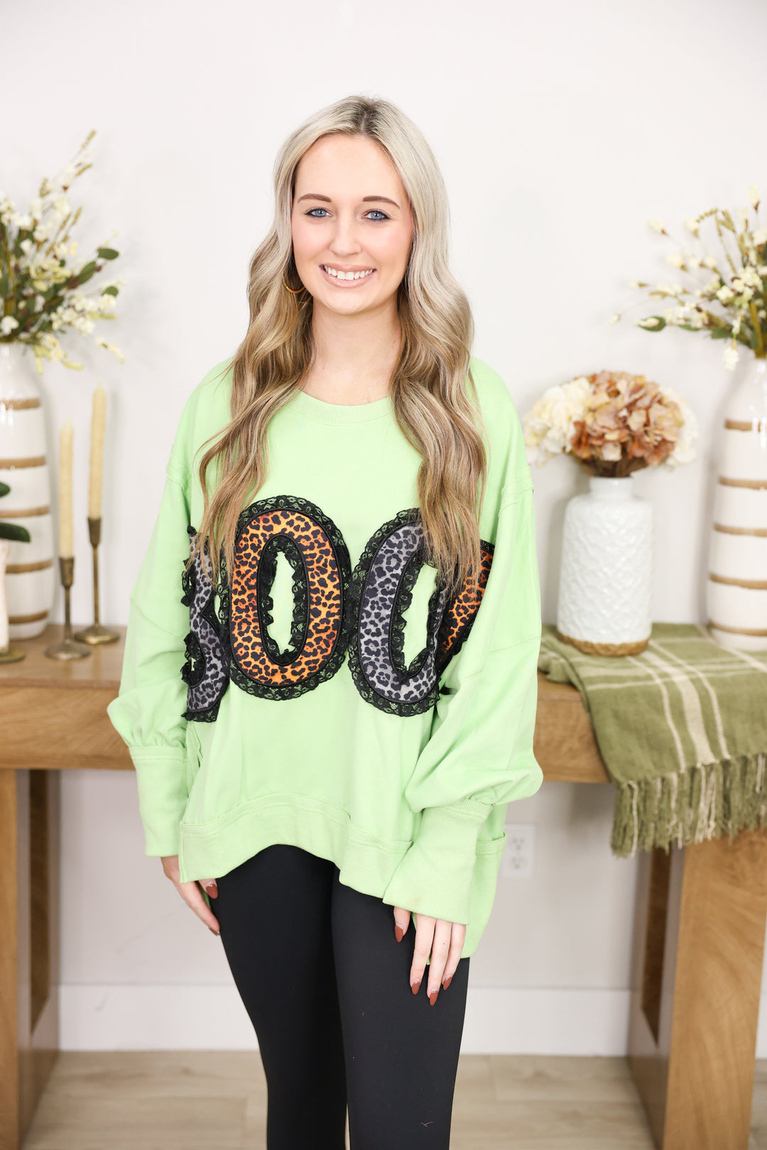 Leopard 'BOO' & Lace Detailed Patch Sweatshirt "DK Lime"