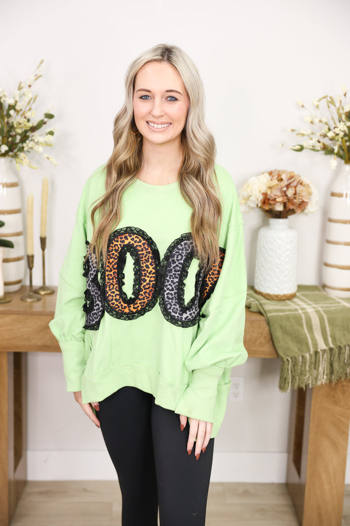 Leopard 'BOO' & Lace Detailed Patch Sweatshirt "DK Lime"
