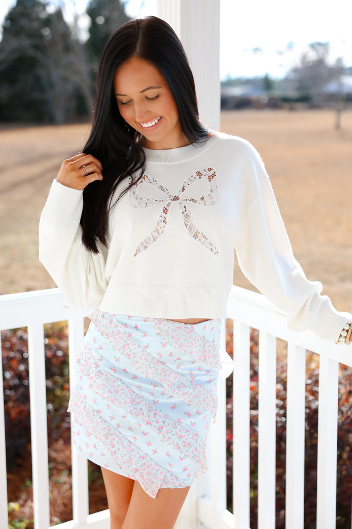 Bow Lace Laser Cut Cropped Sweater "White"