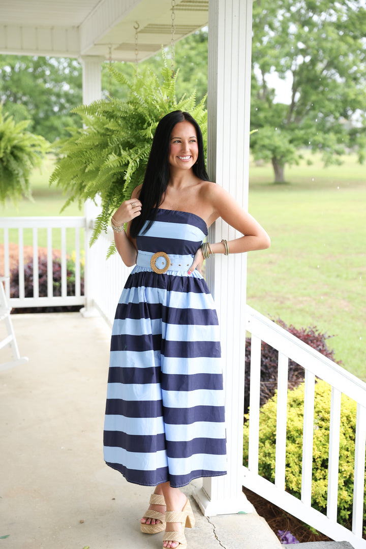 Sunshine Stripes Strapless Midi Dress "Navy"