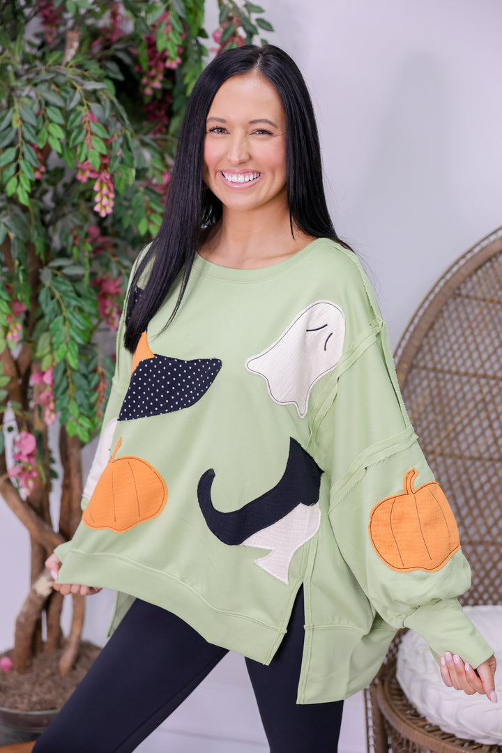 Halloween Theme Patchwork Oversized Sweatshirt "Light Olive"