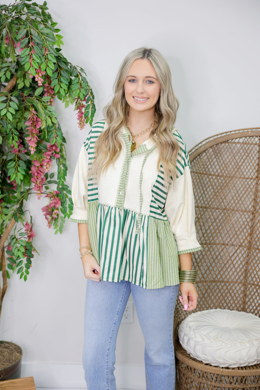 Striped 3/4 Sleeve Peplum Hoodie Top "H Green"