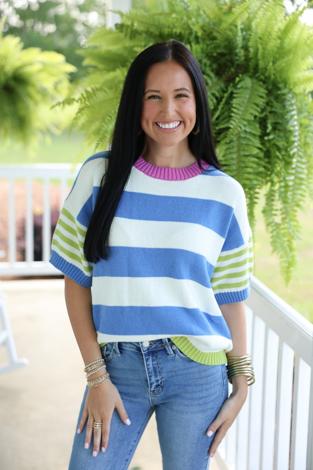 Playful Summer Multi Stripe Cotton Sweater "Electric Blue/Lime"