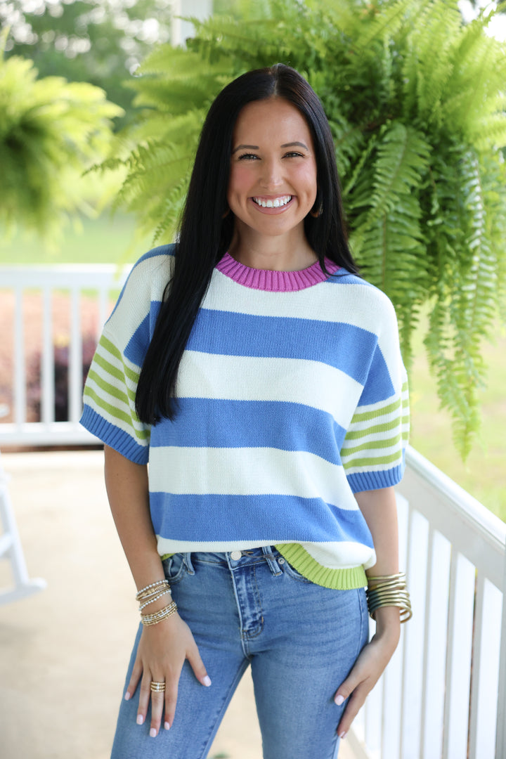 Playful Summer Multi Stripe Cotton Sweater "Electric Blue/Lime"