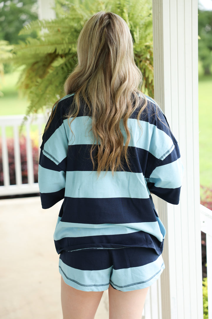 Cotton Stripe Quarter Zip Top & Short Set "Navy/Sky Blue"