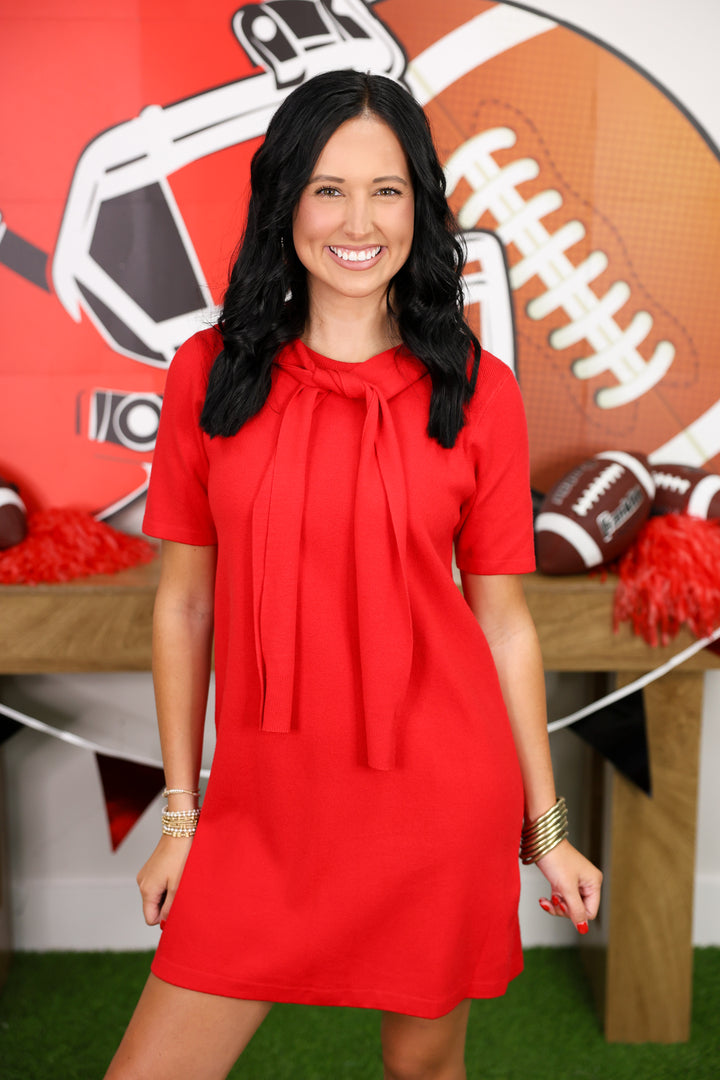 Solid Short Sleeve Sweater Mini Dress W/ Layered Scarf Detail "Red"