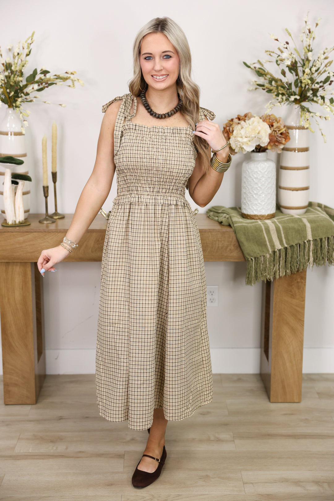 Plaid Smocked Bodice Midi Dress W/ A-Line Skirt & Shoulder Tie "Almond"