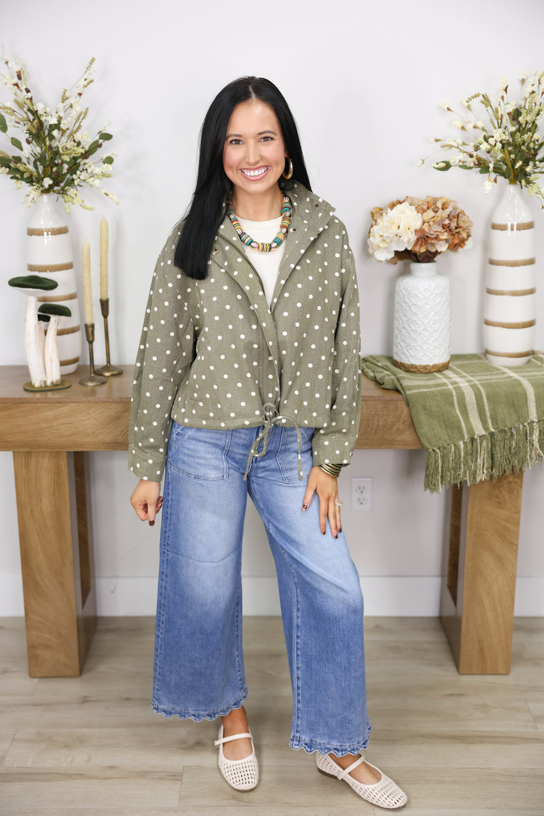 Polka dot Collared Long Sleeve Jacket "Olive"