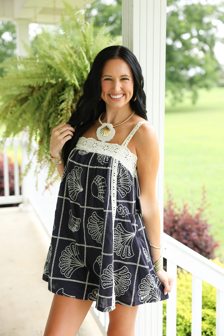 Eyelet Lace Trim Babydoll Mini Dress "Navy"