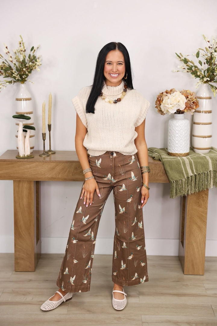 Mallard Printed Stretch Denim Wide Leg Jeans "Mocha"