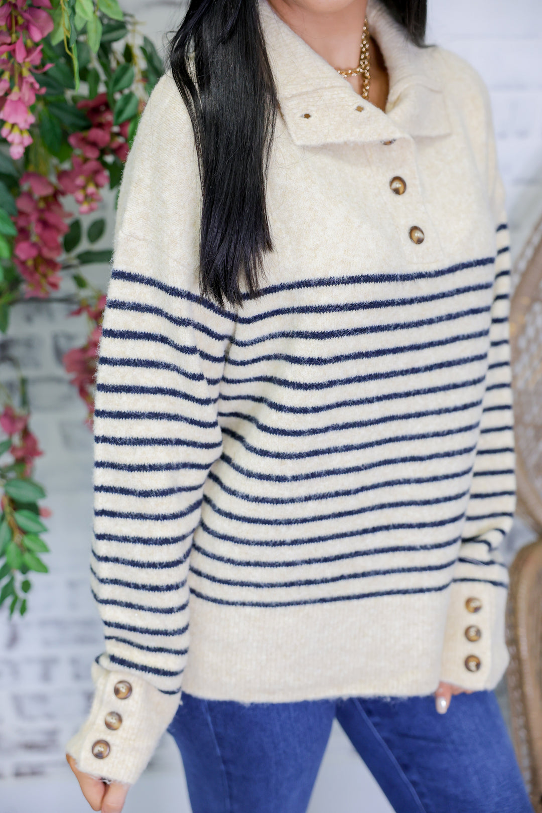 Long Sleeve Striped Sweater Knit Top "Ecru/Navy"