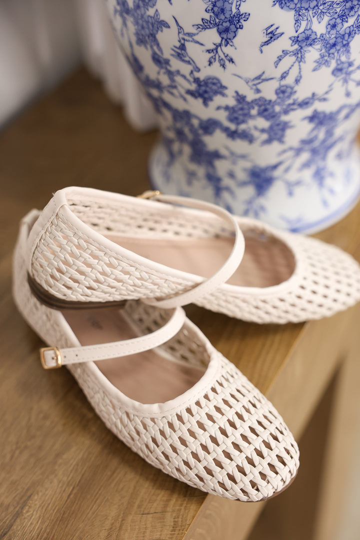 Woven Mary Jane Flats "Bone"