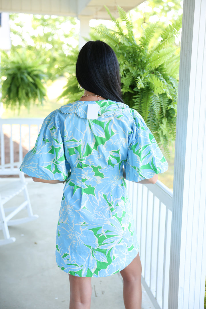 Ember Floral Puff Sleeve Mini Dress "Green/Blue"