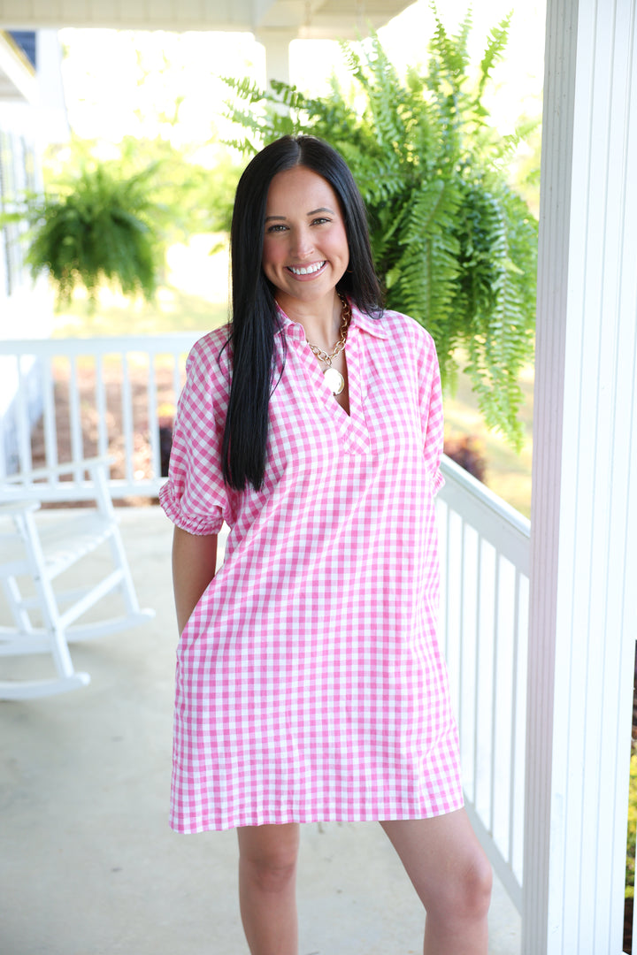 Southern Gingham Print Dress "Pink"