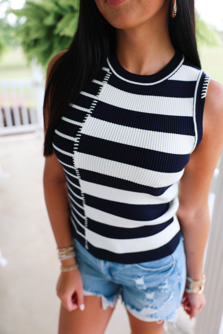Multi-Stripe Sleeveless Sweater Top "Navy"
