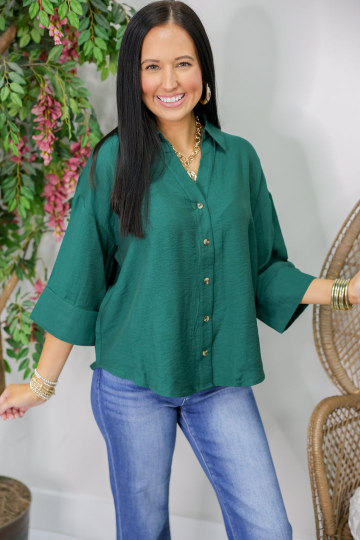 Solid Wide Cuff 3/4 Sleeve Button Front Top "H Green"