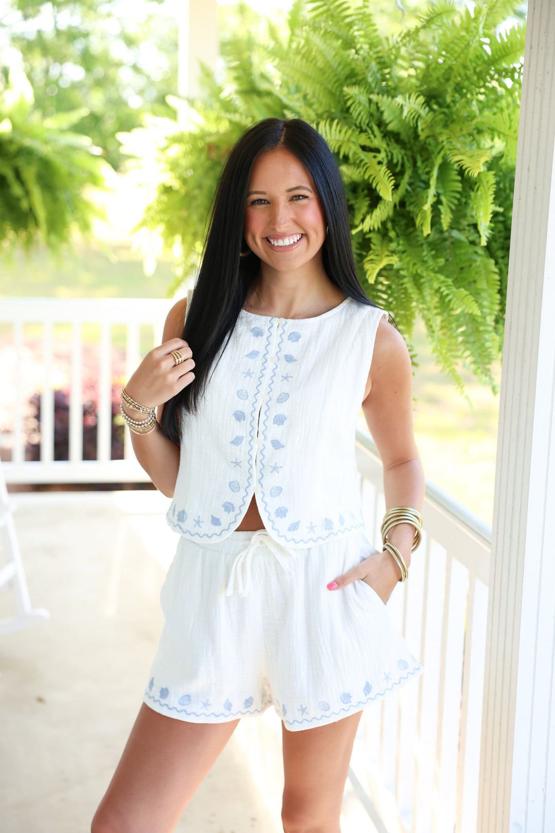 Coastal Vibe Embroidered Vest & Short Set "Off White"