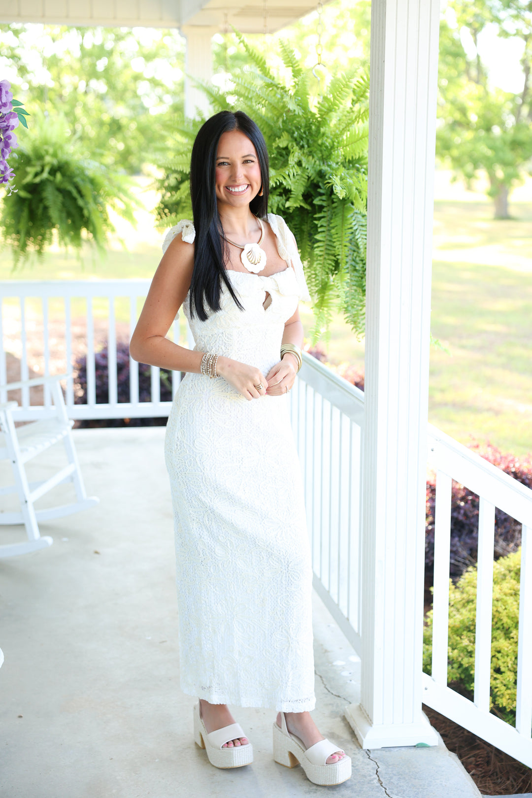 Crochet Embroidered Tie Shoulder Midi Dress "Off White"