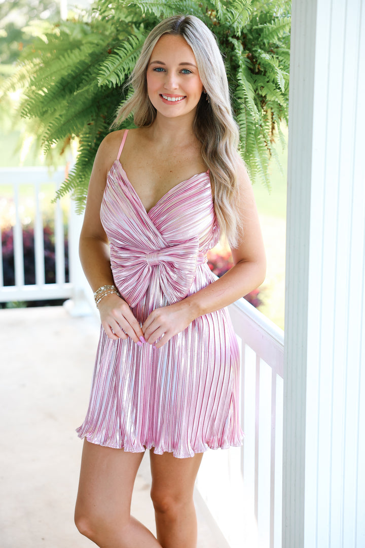 Perfect Pink Bow Pleated Mini Dress